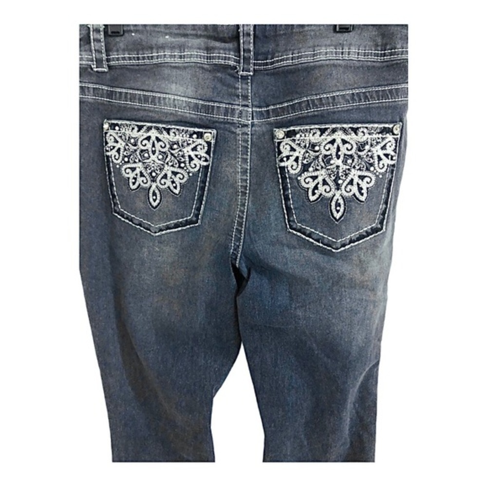 Embellished pockets Mid-rise bootcut Medium wash‎ distressed blue jeans size 12